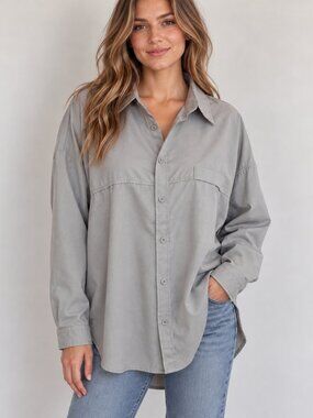 Miss Sparkling Ash Gray Oversized Button Up Shirt Large NWT